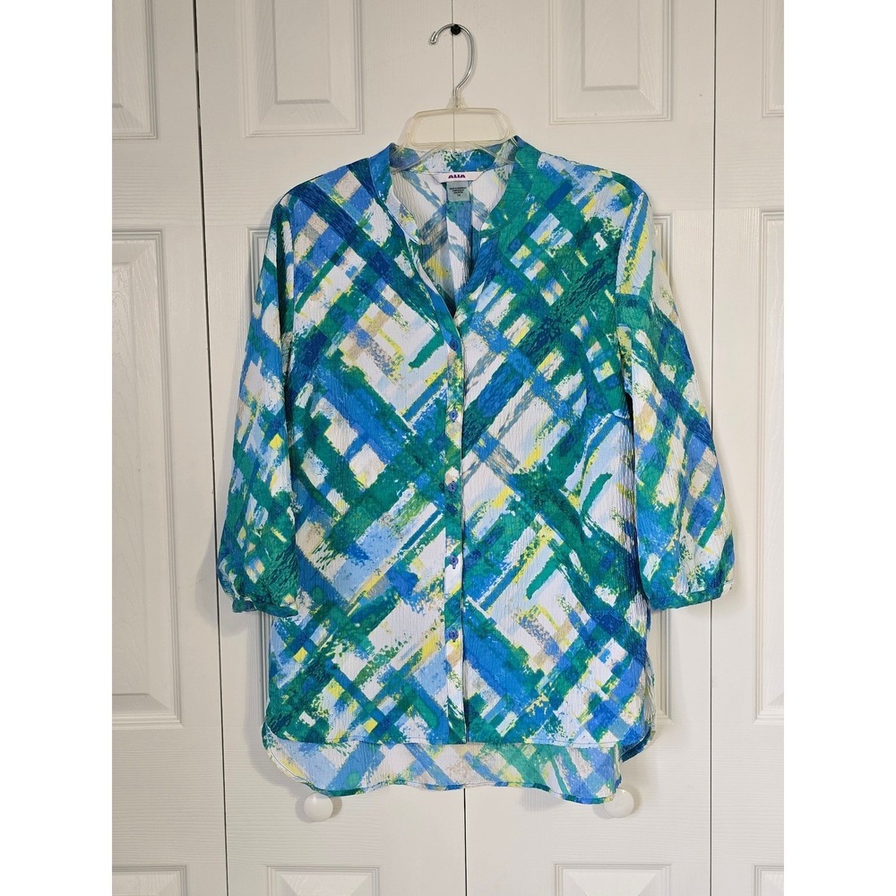 Alia Womens Blue Green Abstract Geometric Seersucker Button Down Blouse Size 14